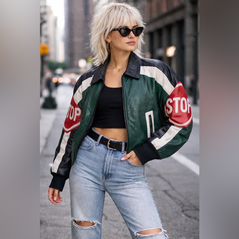 Rare Vintage 80s Phase 2 Leather “STOP Sign” Bomber Jacket